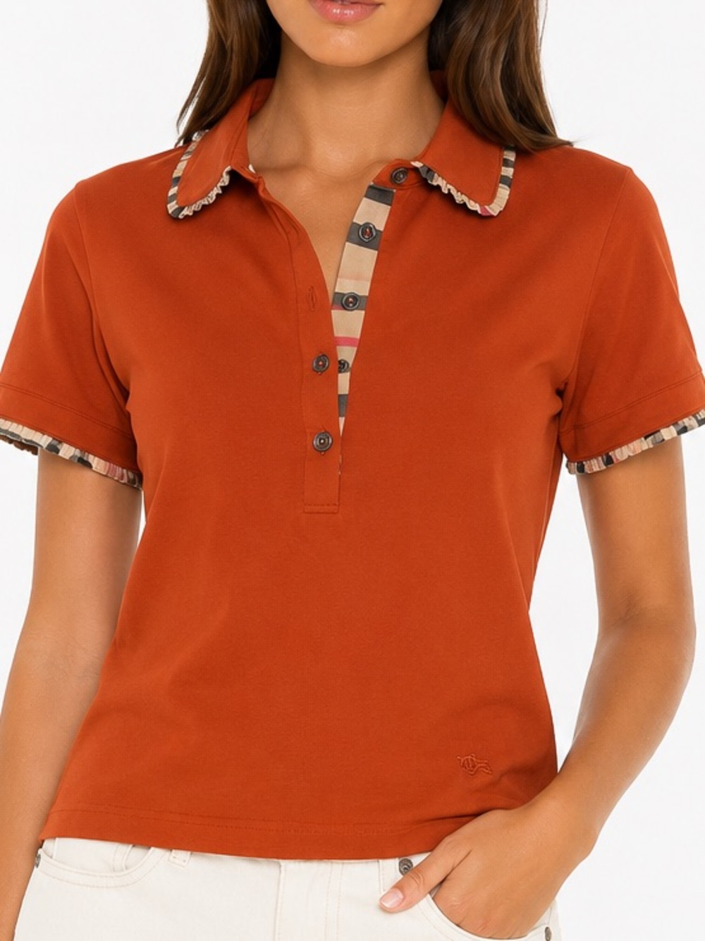 Burberry Rust Short-Sleeve Button Polo with Signature Trim